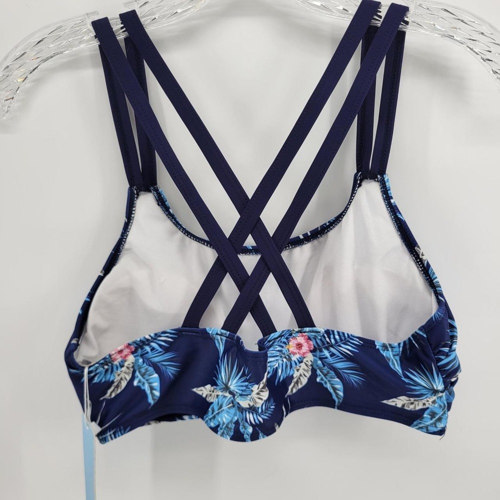 Yonique Womens Tropical Floral Crisscross Back Bikini Swim Top Navy Blue Size M - Picture 2 of 7